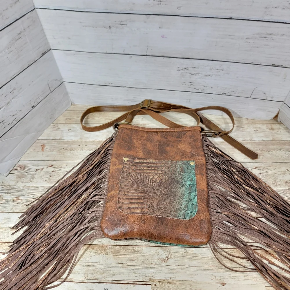 Brown Fringe Crossbody Bag with Croc-Embossed Accent *READ*